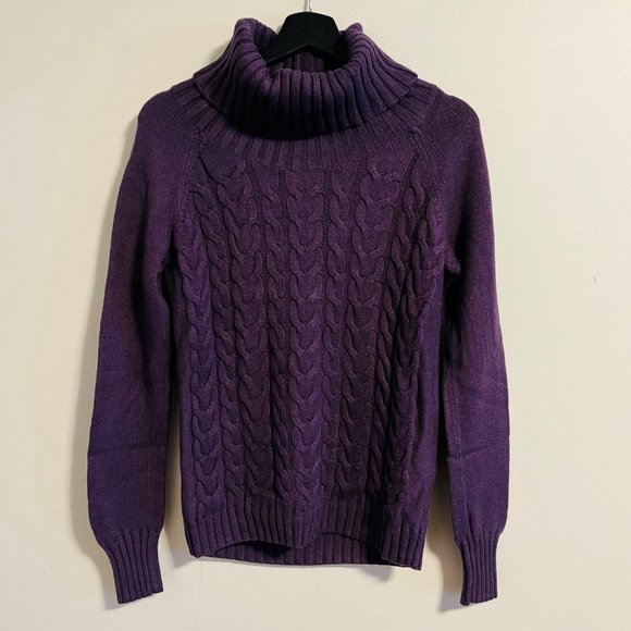 Banana Republic Wool Cashmere Purple Turtleneck Cable Knit Sweater, Size S - Picture 2 of 10